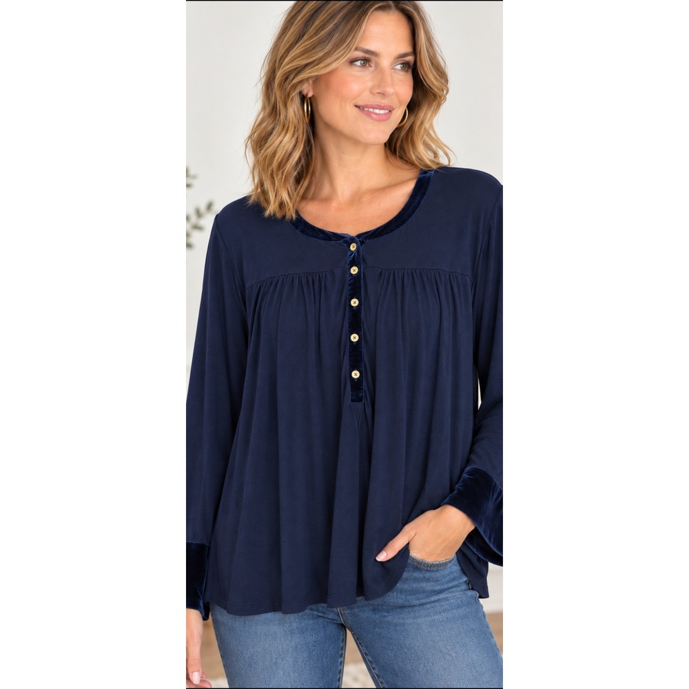 Boden Navy Blue Velvet Trim Modal Blouse Long Sleeve Gathered Yoke Top  Sz 14